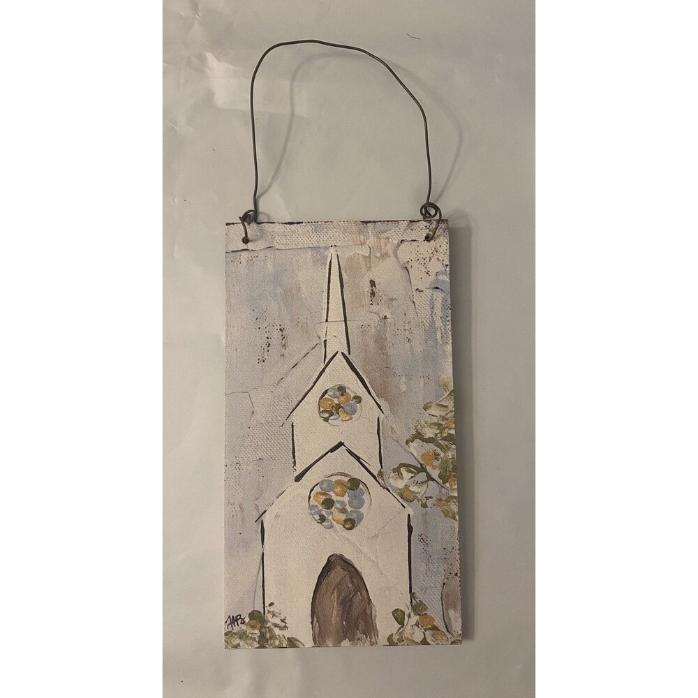 Church Art 6”x3” Painting Rustic Wire Hanger Decor Brand New Chapel Steeple